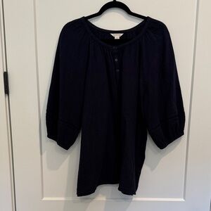 Women's Caslon 2x Navy Muslin Blouse with 3/4 button front & balloon sleeve